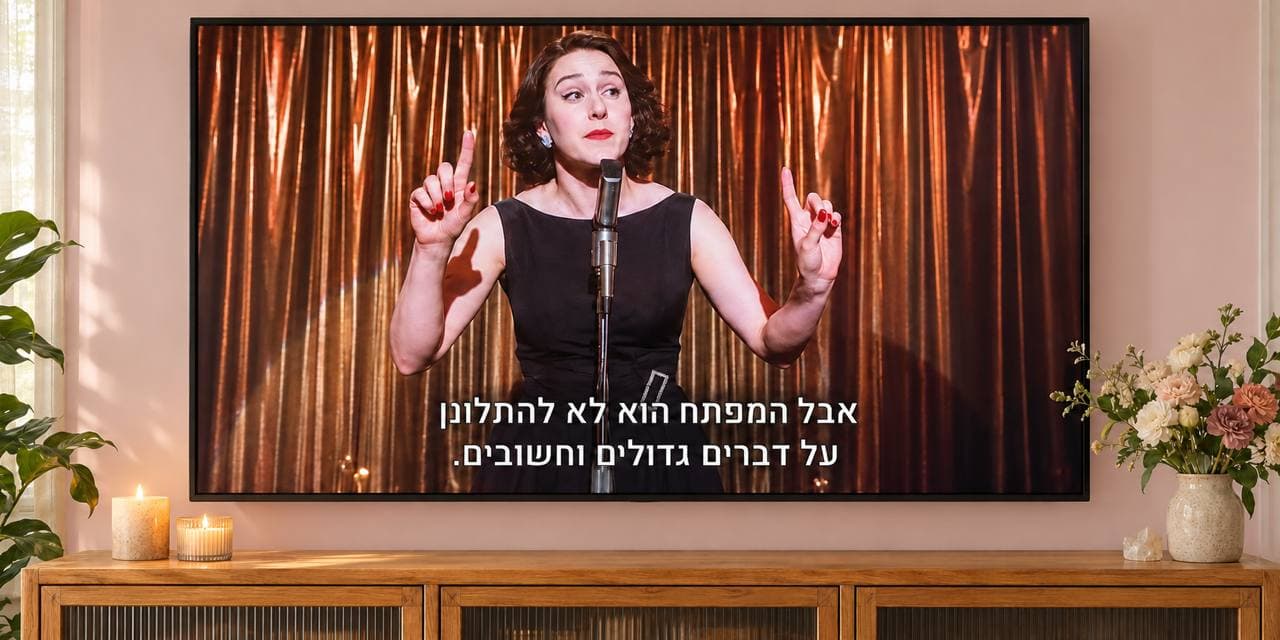 מסך טלוויזיה מציג קטע מתוך גברת מייזל המופלאה - קומיקאית עומדת מול מיקרופון על במה ומניפה ידיים