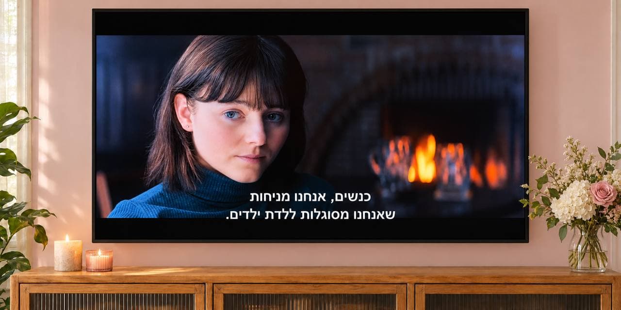 מסך טלוויזיה מציג קטע מתוך הנס של ג׳וי - אישה צעירה יושבת מול אח בוערת