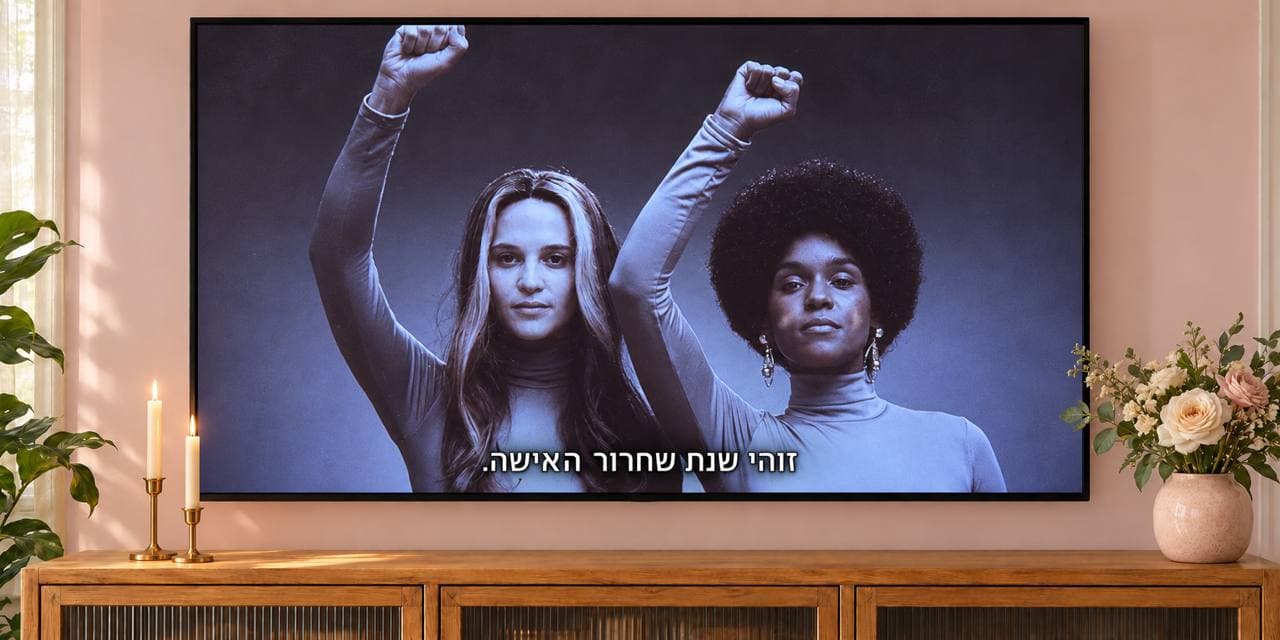 מסך טלוויזיה מציג קטע מתוך להיות גלוריה - שתי נשים מרימות אגרוף קפוץ באוויר בתמונה שחור-לבן