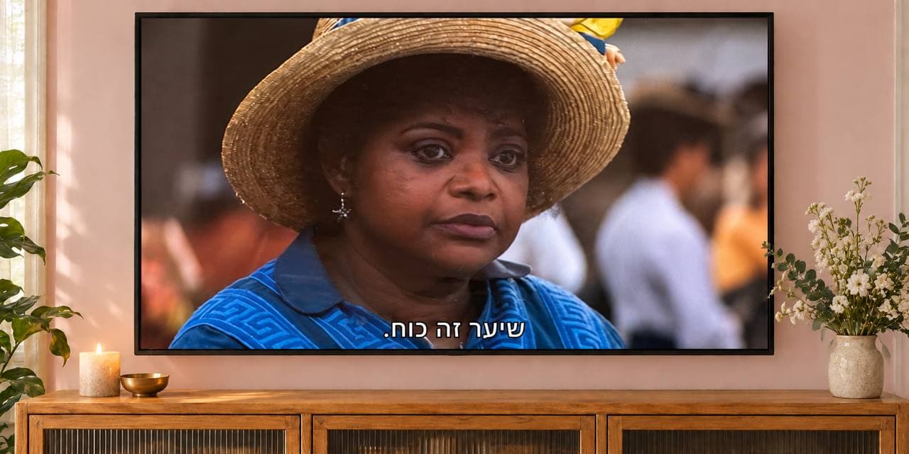 מסך טלוויזיה מציג קטע מתוך במו ידיה - אישה עם כובע קש מביטה במבט נחוש