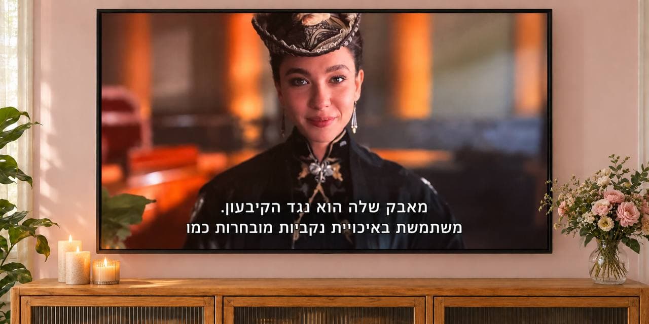 מסך טלוויזיה מציג קטע מתוך החוק על פי לידיה פואט - אישה בתלבושת תקופתית מהודרת בחדר מואר בנרות