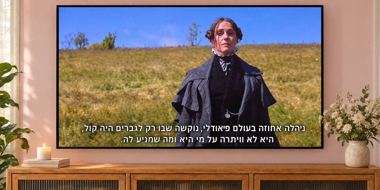 מסך טלוויזיה מציג קטע מתוך ג׳נטלמן ג׳ק - אישה בלבוש תקופתי כהה עומדת בשדה פתוח