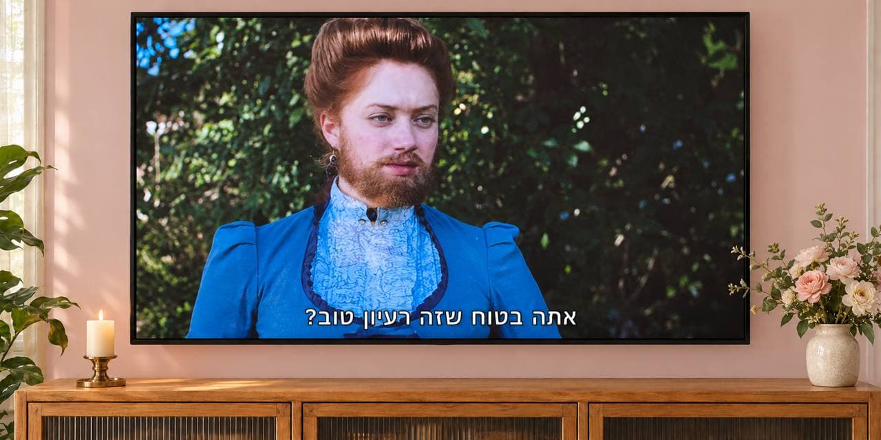 מסך טלוויזיה מציג קטע מתוך רוזלי - דמות עם זקן ושיער אסוף לבושה בשמלה תקופתית כחולה מול רקע ירוק