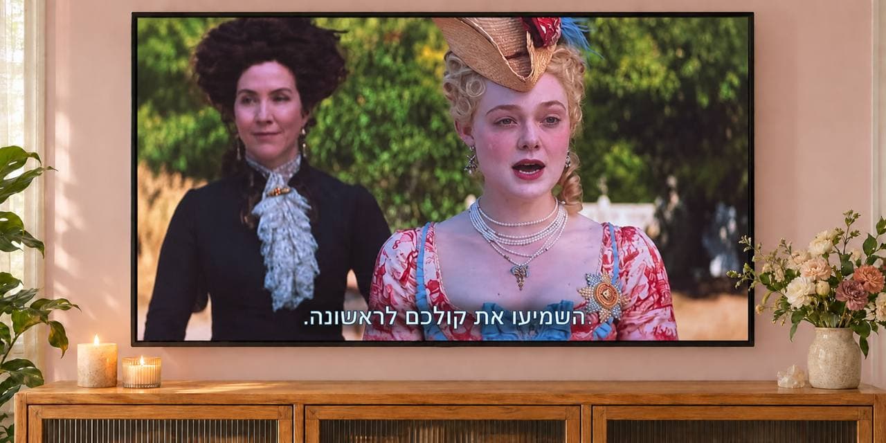 מסך טלוויזיה מציג קטע מתוך קתרינה - שתי נשים בשמלות חצר מלכותיות מהודרות בגן