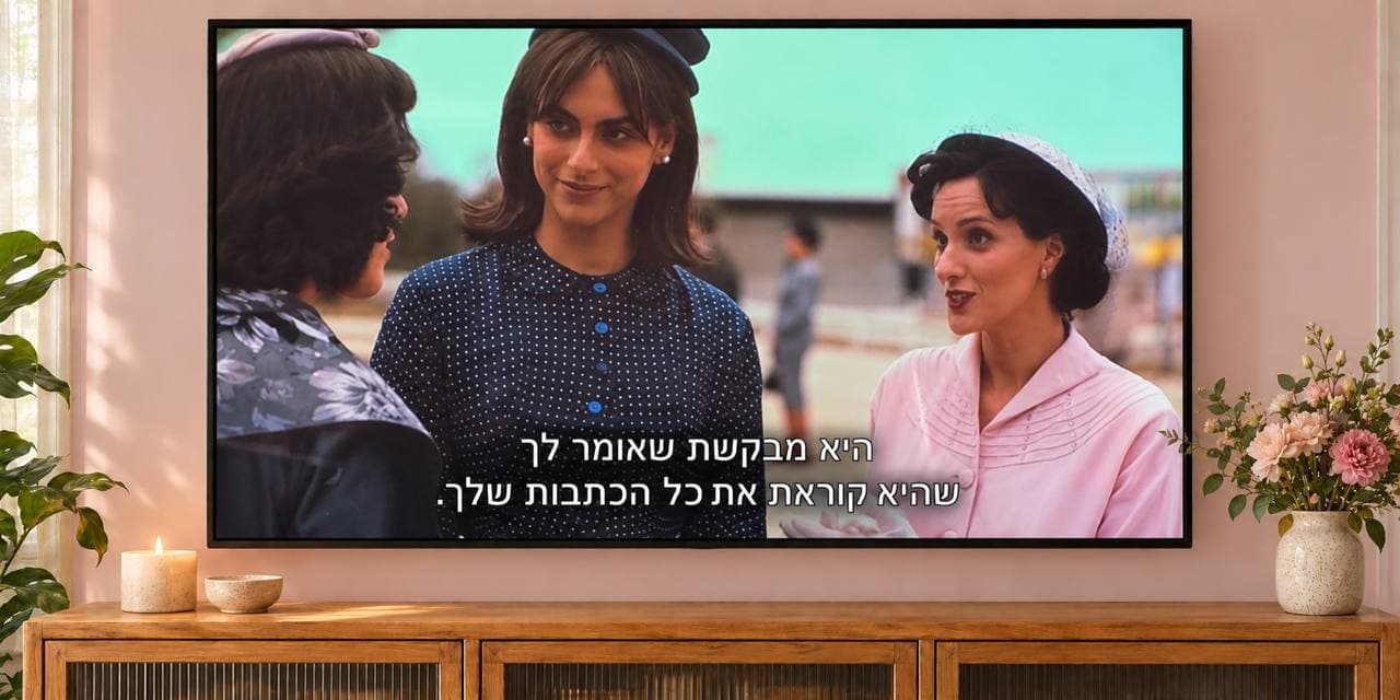 מסך טלוויזיה מציג קטע מתוך מיס פלאצ׳י - שלוש נשים בלבוש תקופתי של שנות ה-60 משוחחות בחוץ